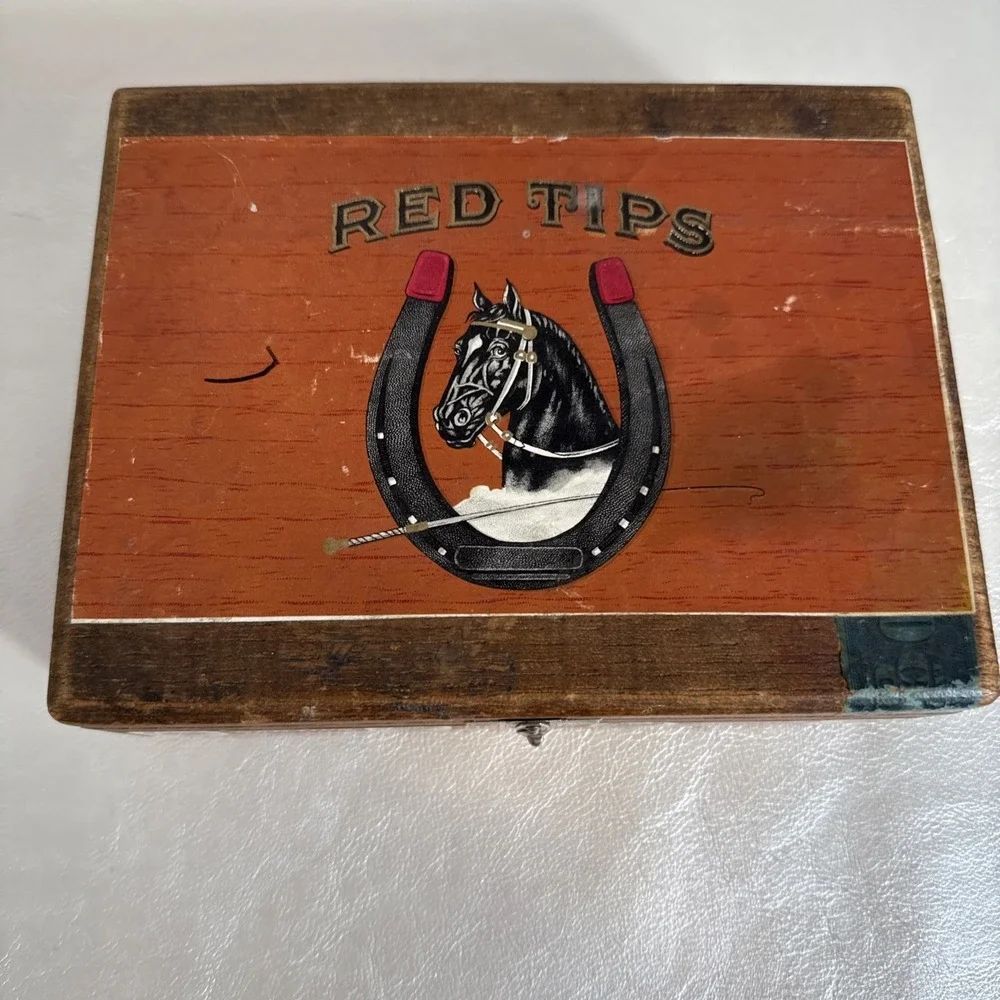 Red Tips Cigar Storage Box. Vintage Wooden. Metal Clasp.